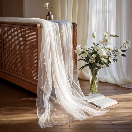White Pearl Tulle Wedding Table Runner 118x28 Inches