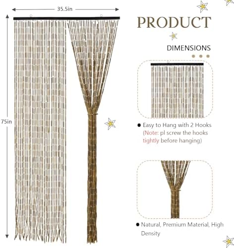 Bamboo Beaded Curtain 355 x 75 52 Strands Boho Door Divider