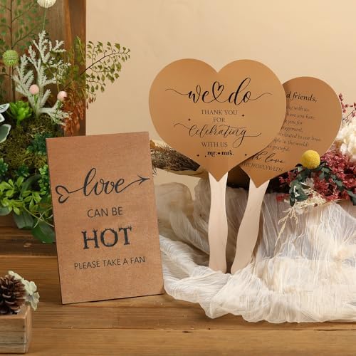 51 Pcs Brown Wedding Fans with Handle and Table Sign