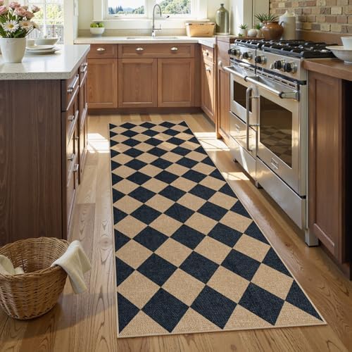 Lahome Checkered Jute Look Runner Rug 2x8 Non Slip Washable