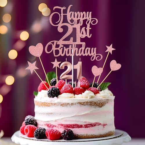21st Birthday Cake Toppers Set with Glitter Decorations Rose Gold