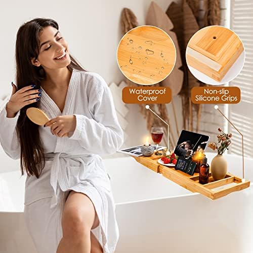Beshof Foldable Bamboo Bathtub Tray with Holder