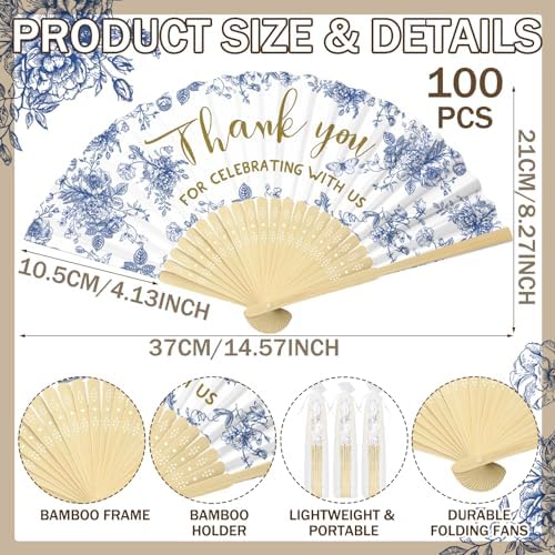 50 Pcs Blue White Flowers Foldable Wedding Fans with Organza Bags