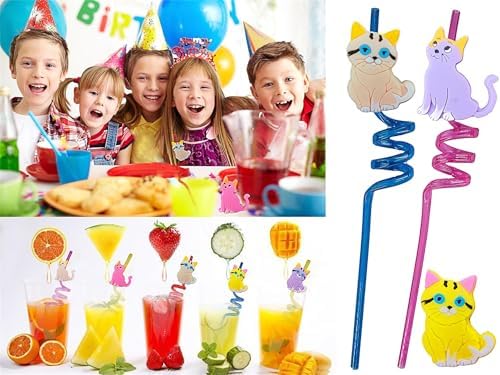 24 Pack Cat Pattern Reusable Plastic Straws for Parties