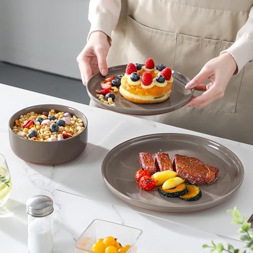 MALACASA 18 Piece Dinnerware Set Tara Brown Modern Ceramic Plates Bowls