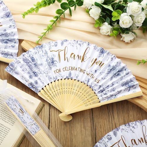 50 Pcs Blue White Flowers Foldable Wedding Fans with Organza Bags