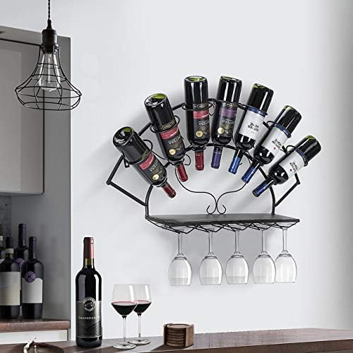 Sorbus Wall Mounted Wine Rack - Holds 7 Bottles and 5 Glasses - Black