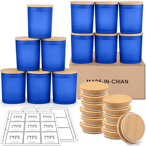 GOTIDEAL 12 Pack 9 OZ Frosted Blue Candle Jars with Bamboo Lids
