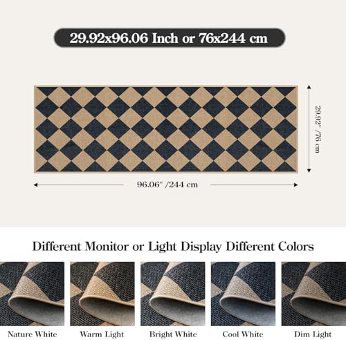 Lahome Checkered Jute Look Runner Rug 2x8 Non Slip Washable