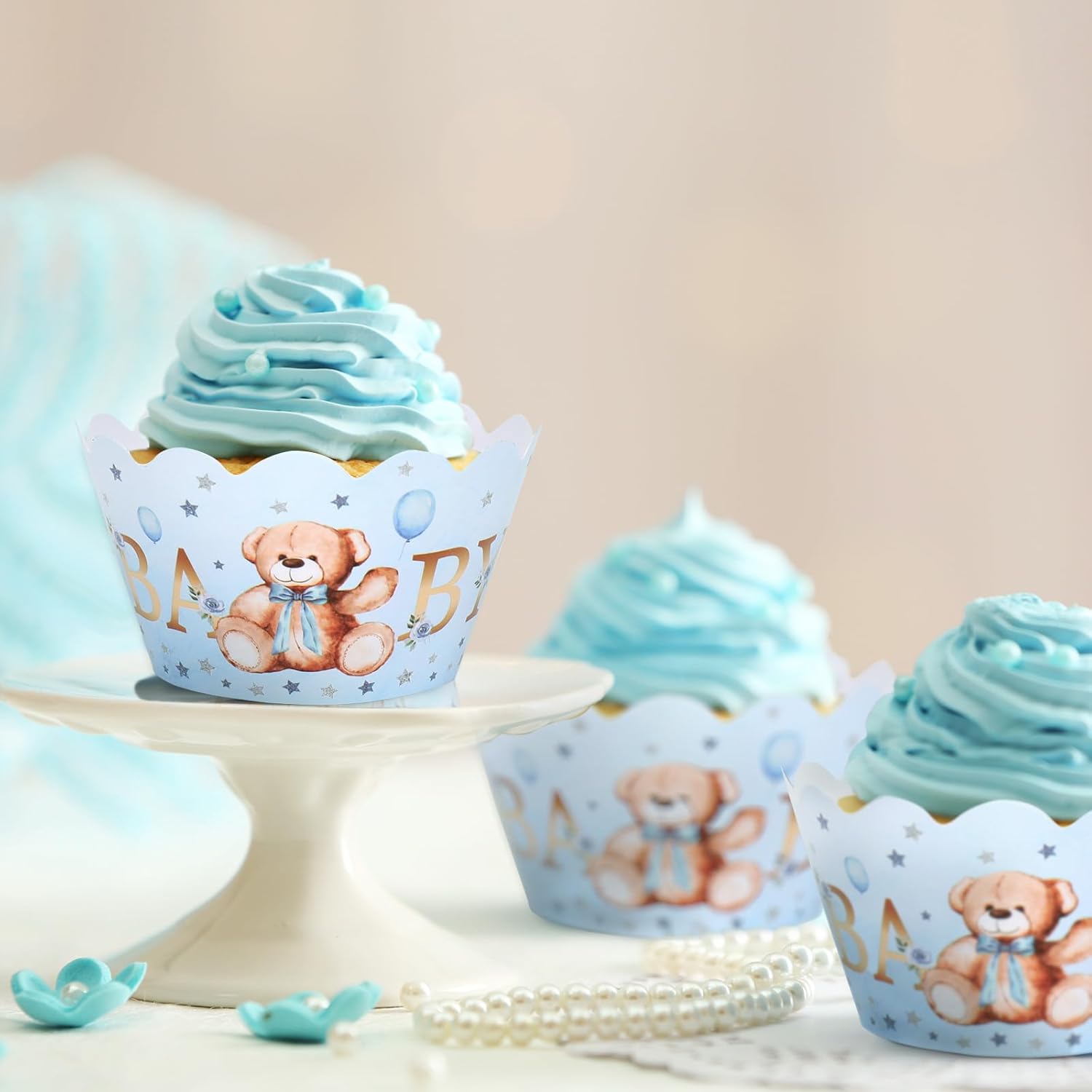 Whaline 36Pcs Blue Bear Cupcake Wrappers Baking Liners