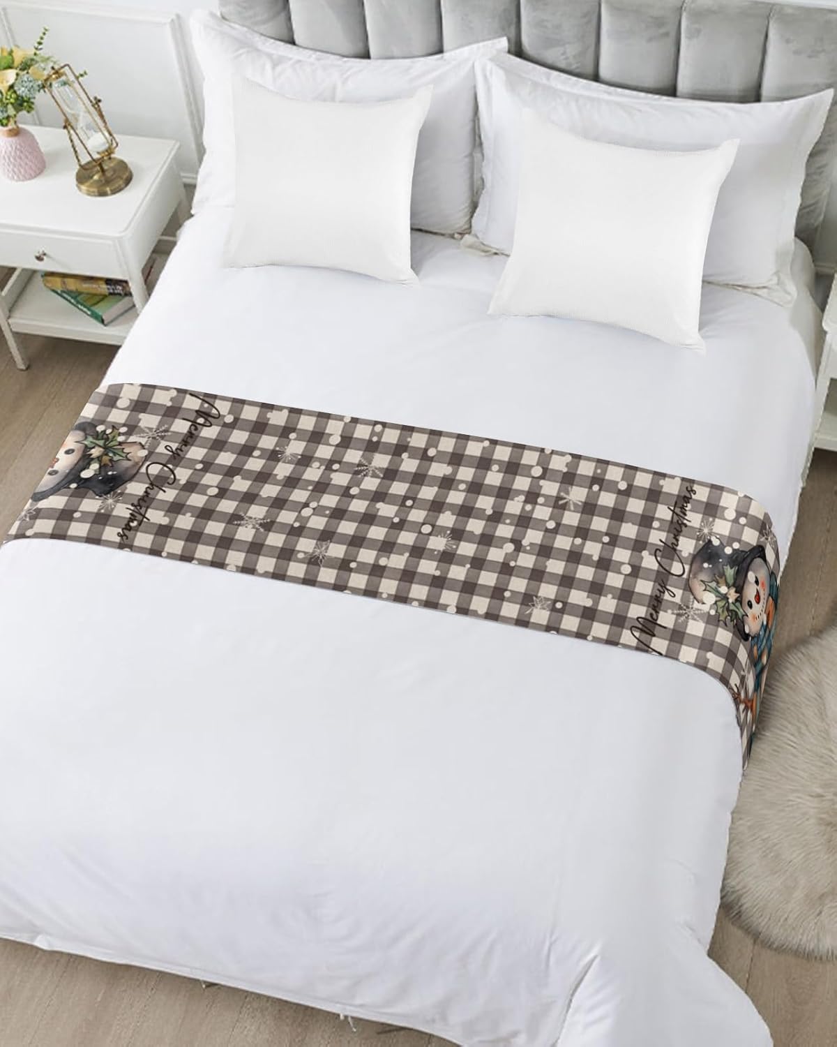 Homechoid Buffalo Plaid Snowman Bed Runner for King Size Bed