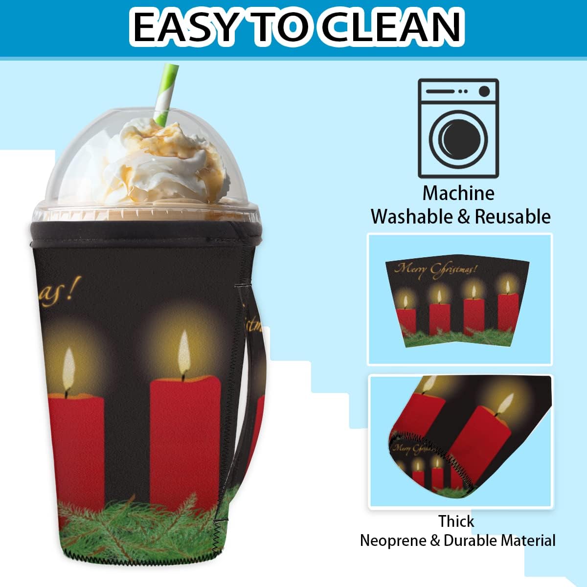 Merry Christmas Reusable Iced Coffee Cup Sleeve With Handle