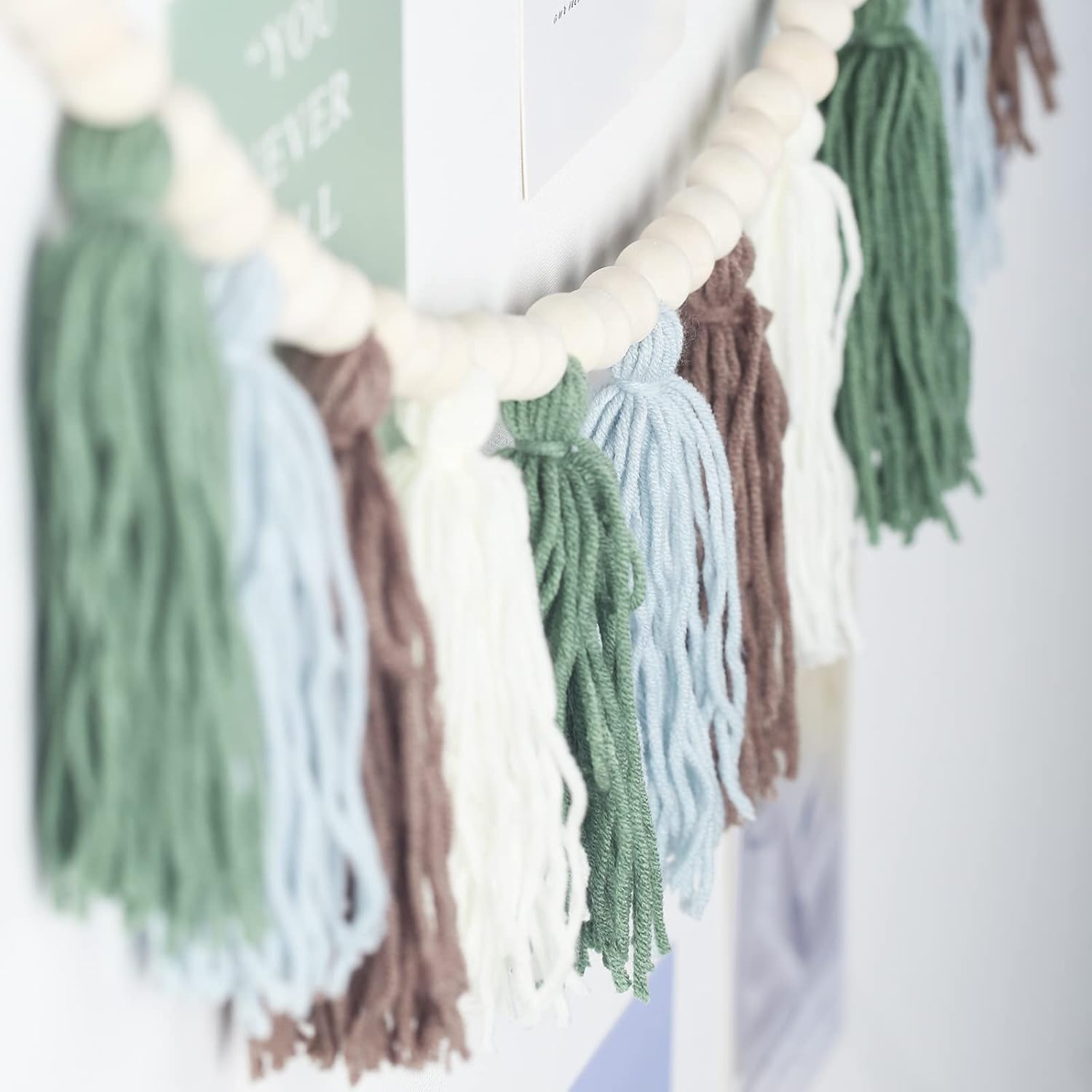 Light Green Tassel Garland with Wood Beads Boho Decor