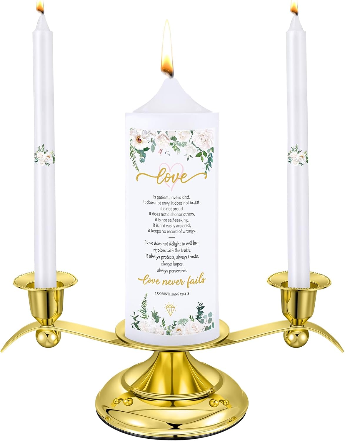 Landhoow 3 Unity Floral Candles Wedding Set with Gold Holder