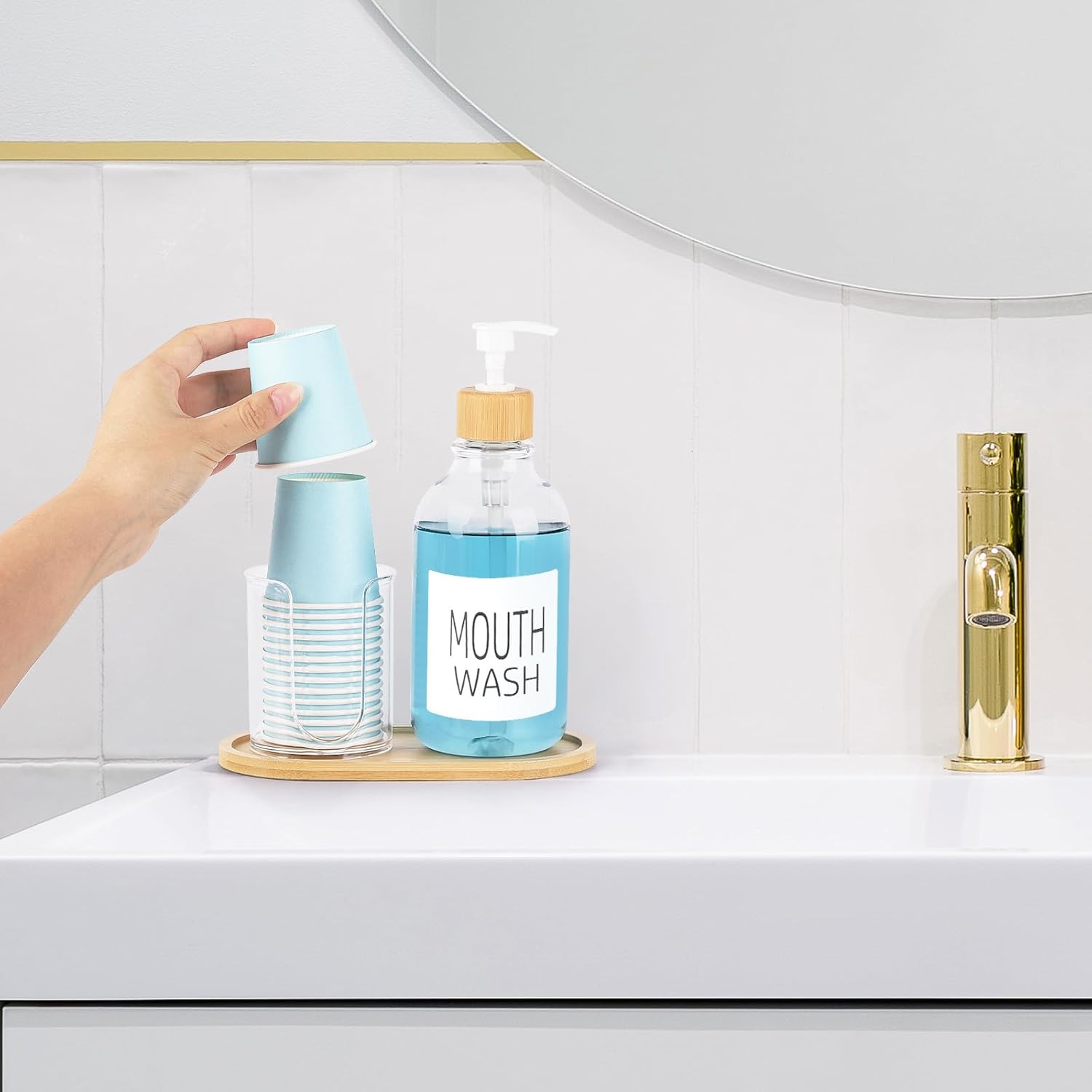 Bamboo Mouthwash Dispenser with Cup Holder and Tray
