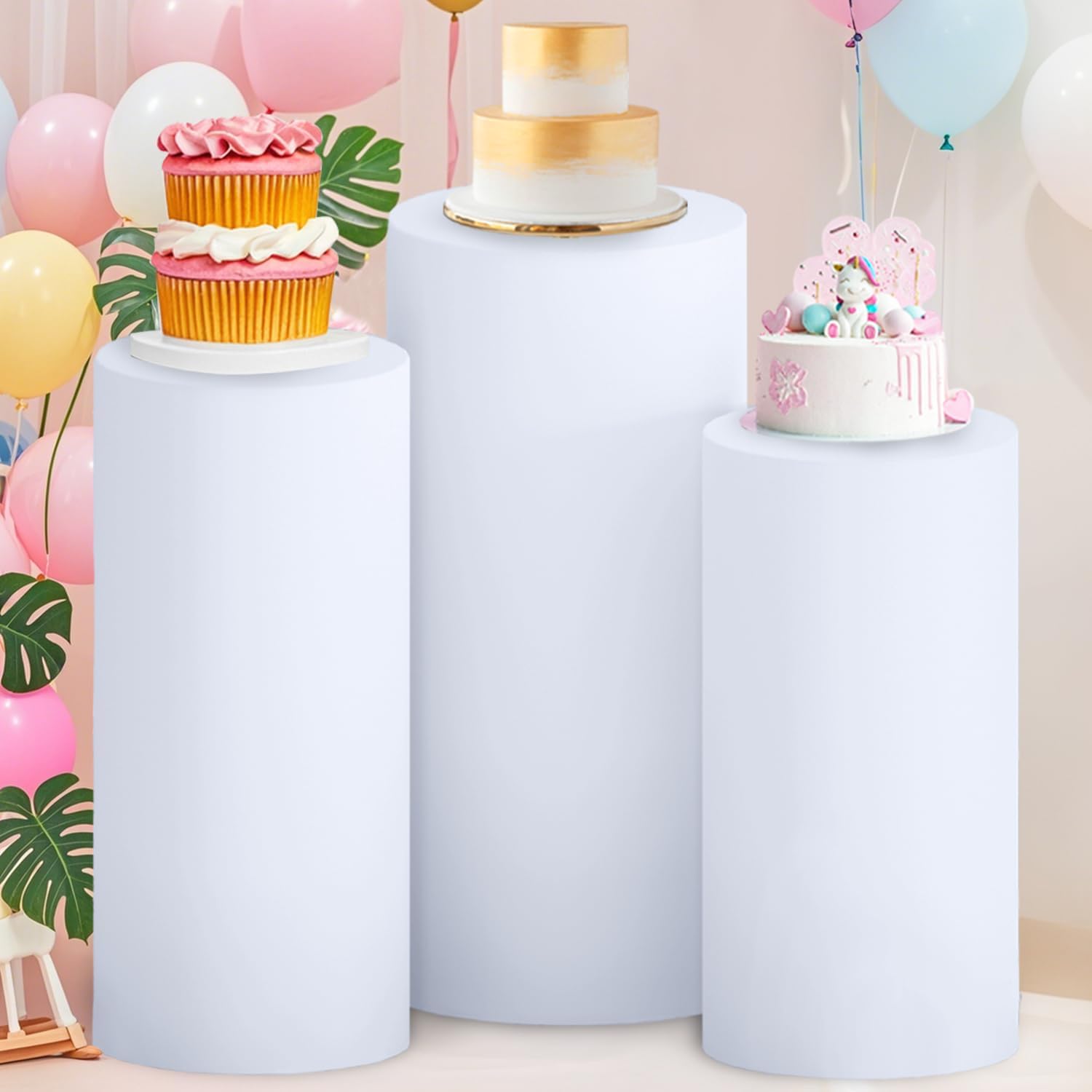 FOTSHARER 3 Pcs White Spandex Cylinder Stand Covers for Events