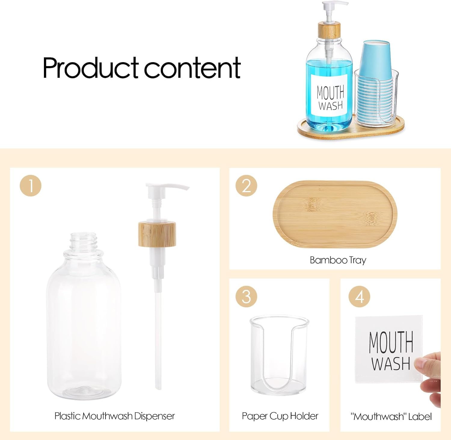 Bamboo Mouthwash Dispenser with Cup Holder and Tray