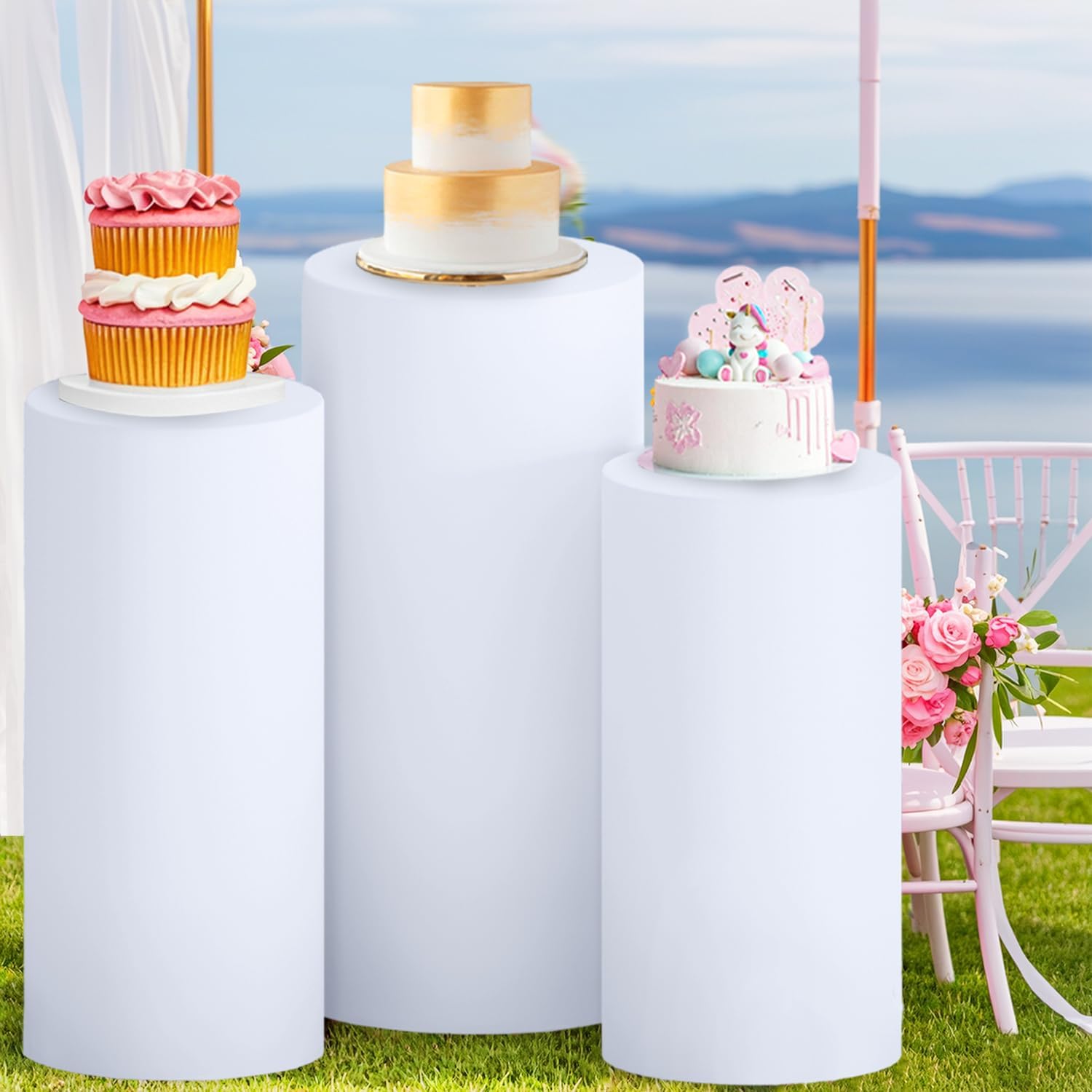 FOTSHARER 3 Pcs White Spandex Cylinder Stand Covers for Events