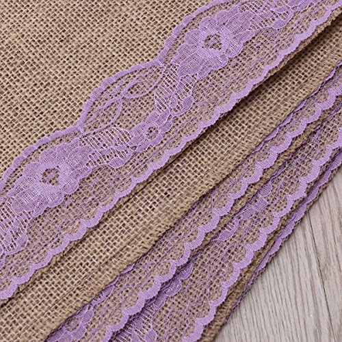 Rustic Brown Linen Table Runner with Purple Lace Design