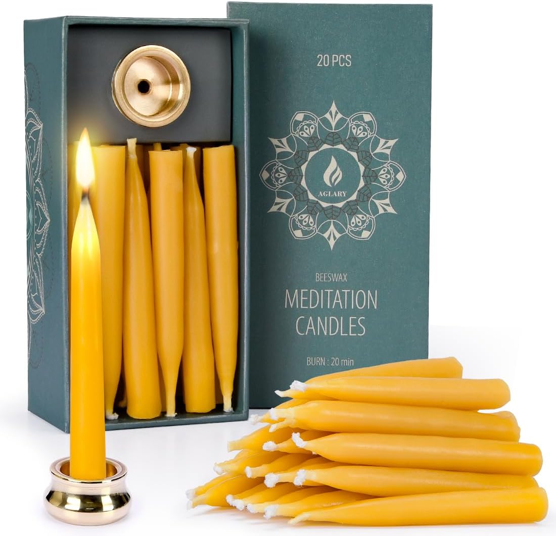 20 Pure Beeswax Candles with Brass Holders