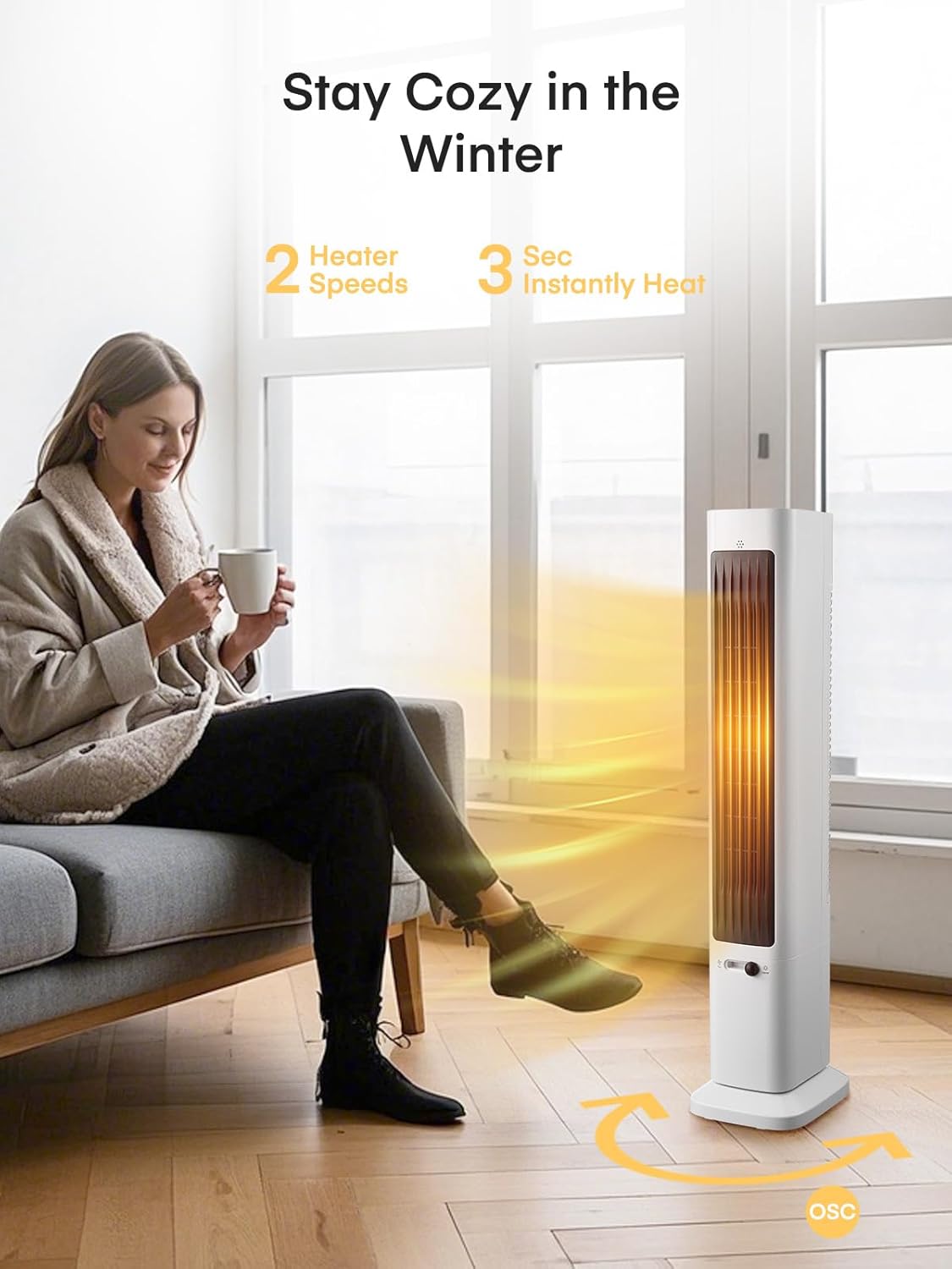 FOHERE Oscillating Tower Fan and Heater Combo - 379 Inch