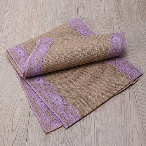 Rustic Brown Linen Table Runner with Purple Lace Design
