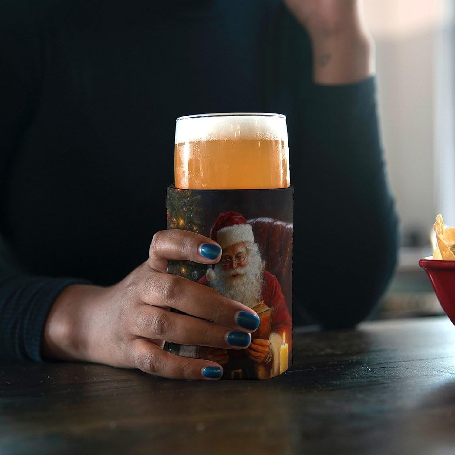 Beer Can Cooler Sleeve with Santa Claus Pattern