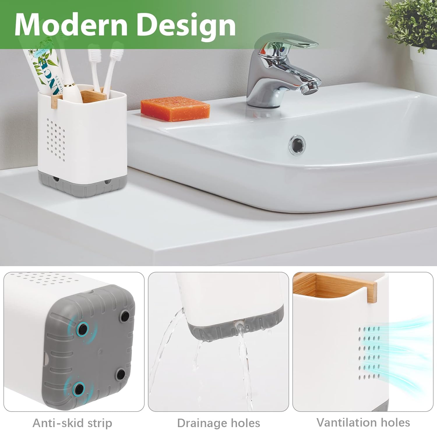 Boperzi Bamboo Toothbrush and Toothpaste Holder with Drainage