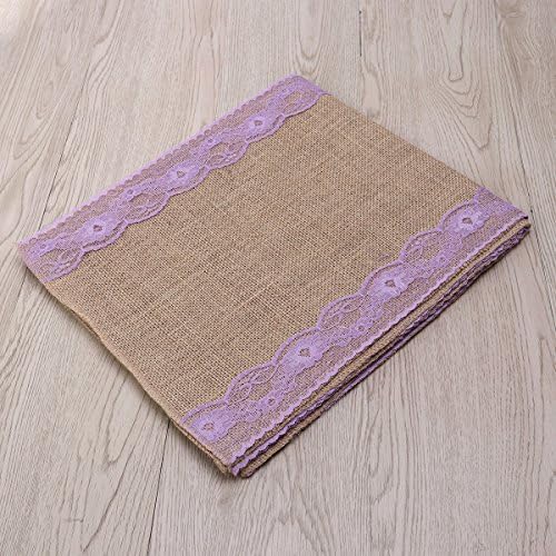 Rustic Brown Linen Table Runner with Purple Lace Design