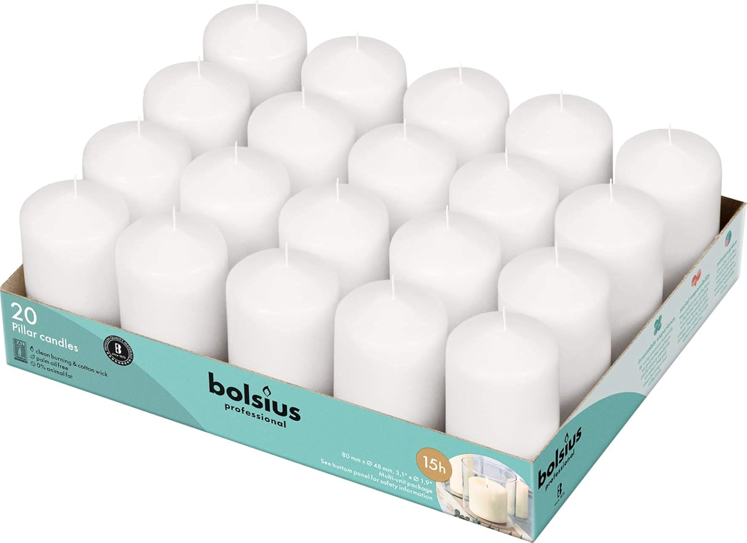 Bolsius White Pillar Candles 20 Pack Unscented