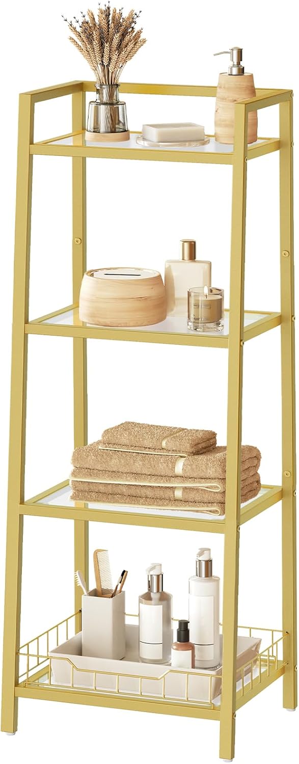 HOOBRO 4 Tier Gold Glass Shelf Stand for Bathroom