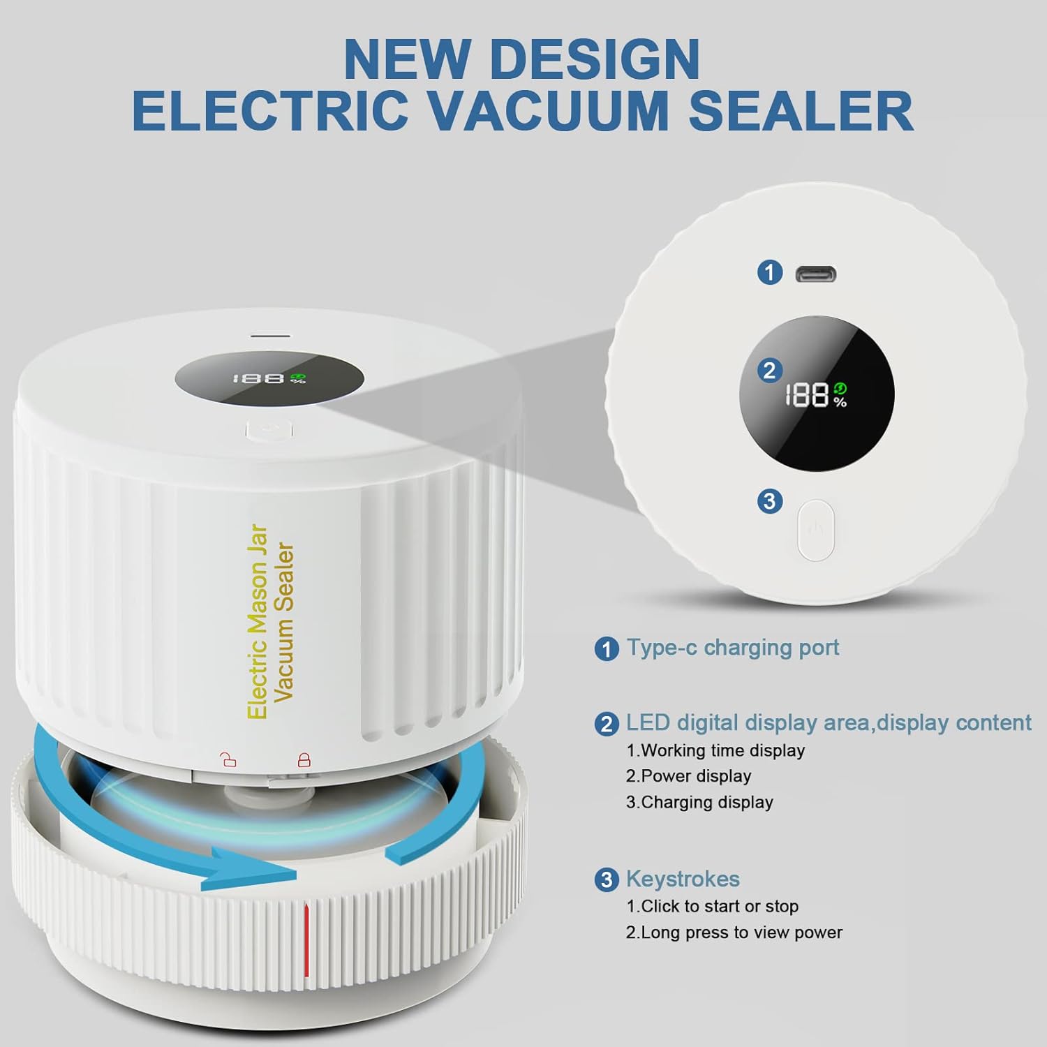 Oxlimkee Electric Mason Jar Vacuum Sealer Cordless White