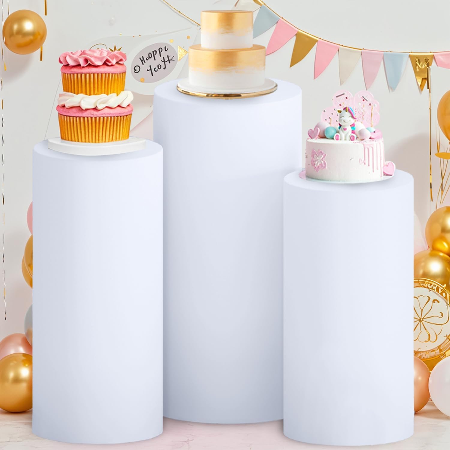 FOTSHARER 3 Pcs White Spandex Cylinder Stand Covers for Events