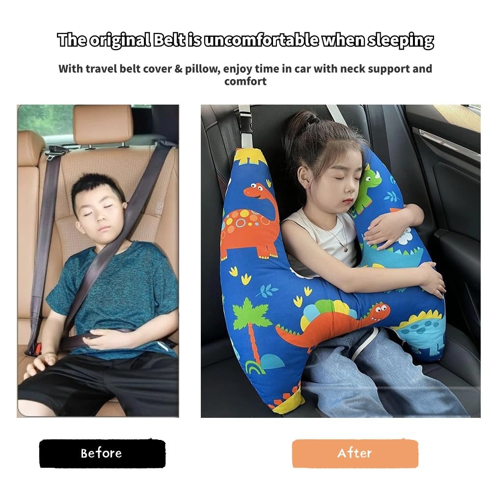 Travel Pillow for Kids 6 Years Old Dinosaur Cartoon Seatbelt Support