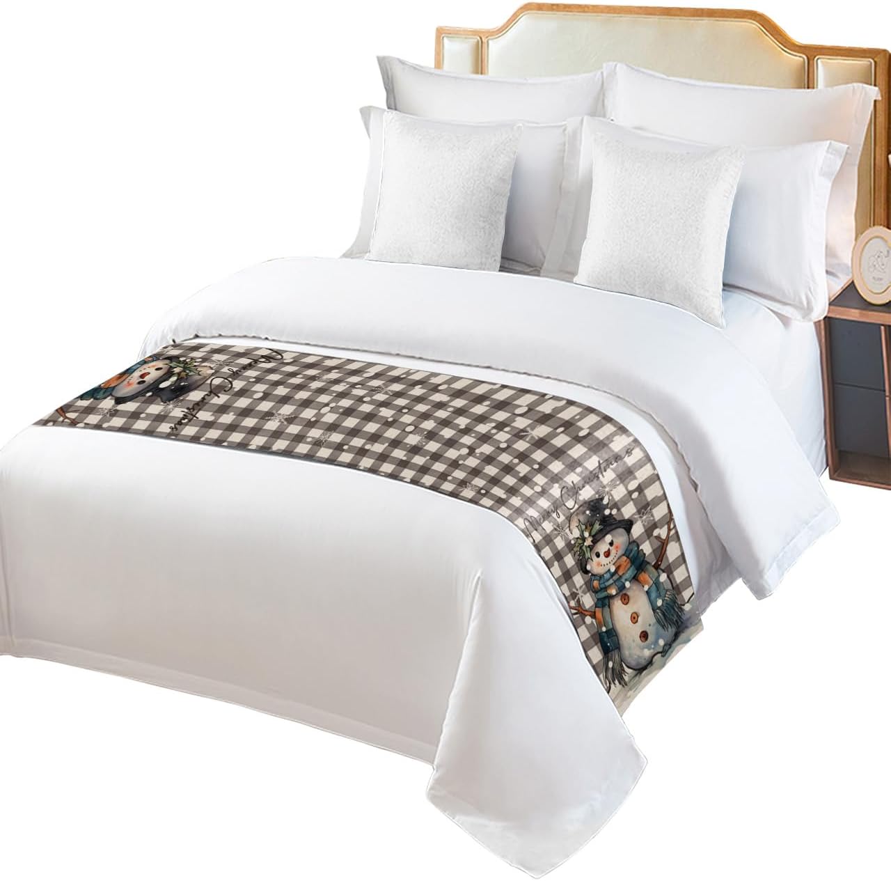 Homechoid Buffalo Plaid Snowman Bed Runner for King Size Bed