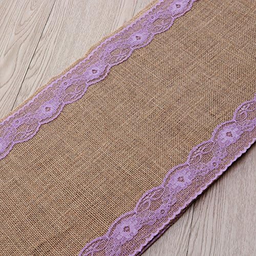 Rustic Brown Linen Table Runner with Purple Lace Design