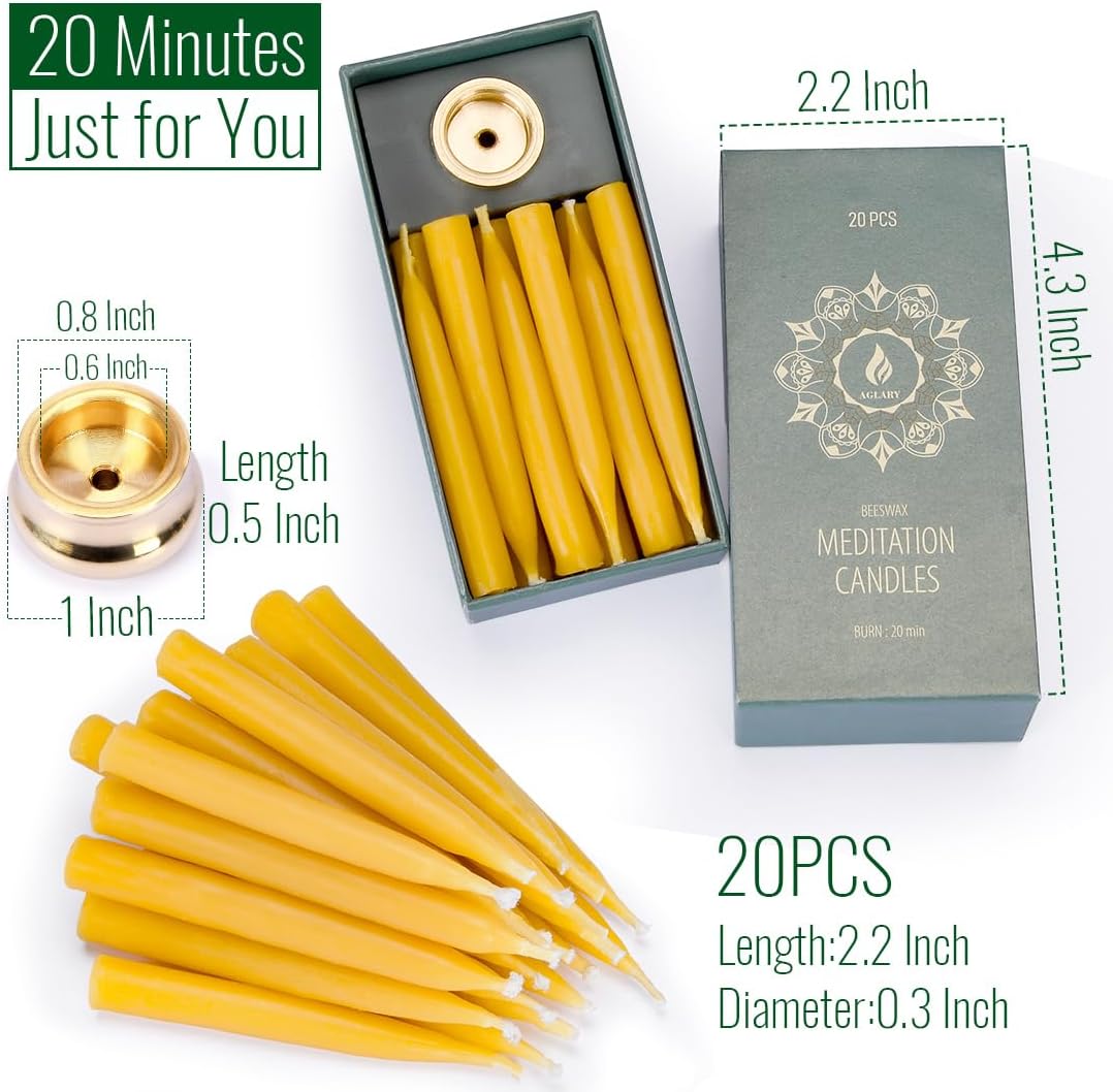20 Pure Beeswax Candles with Brass Holders