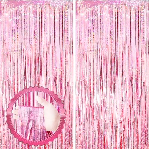 2 Pack Laser Pink Tinsel Foil Fringe Curtains