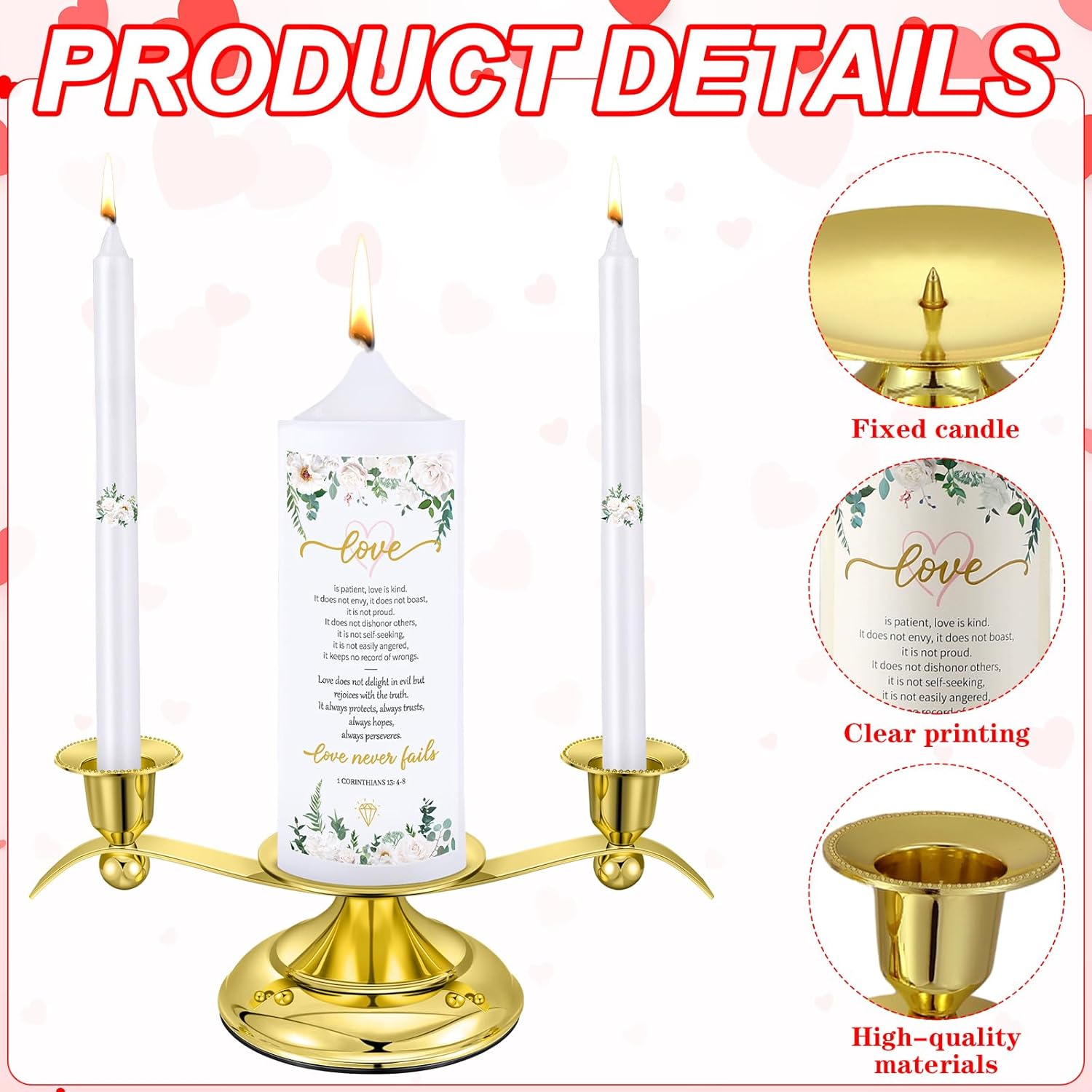 Landhoow 3 Unity Floral Candles Wedding Set with Gold Holder