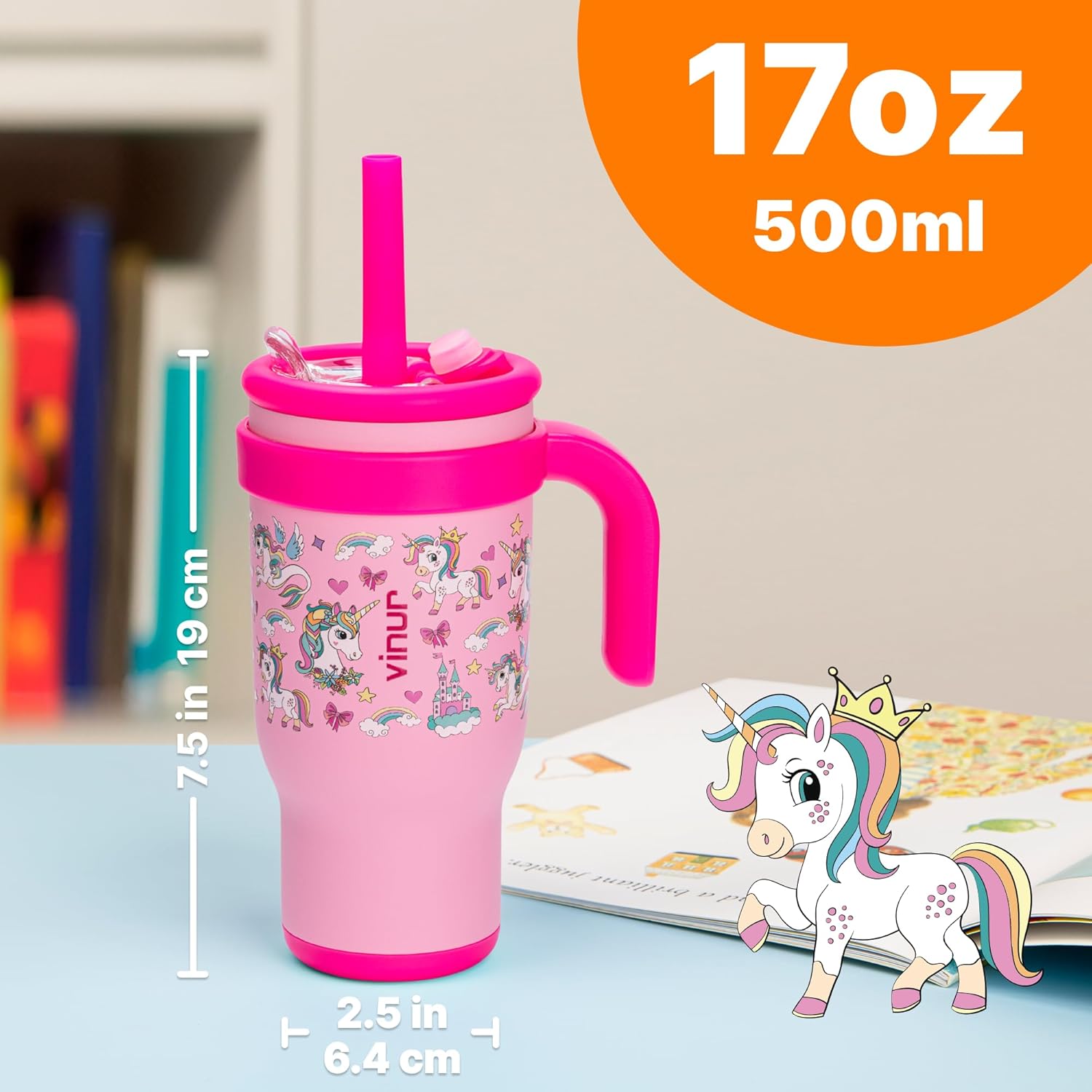 VINUR Kids Insulated Tumbler with Handle 17 oz Vacuum Straw Mug