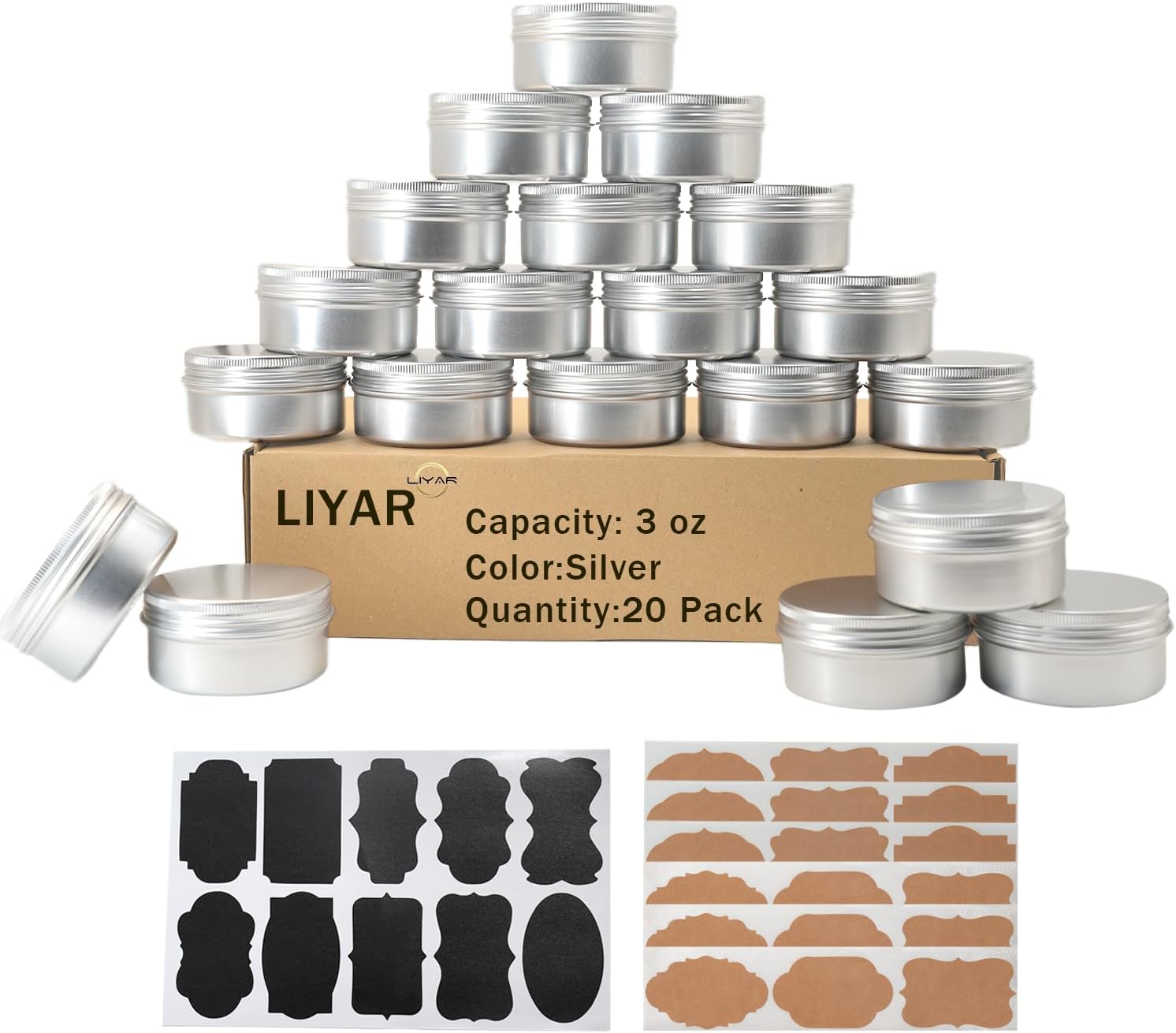 3 Ounce Aluminum Tin Cans 20 Pack with Screw Lid and Labels