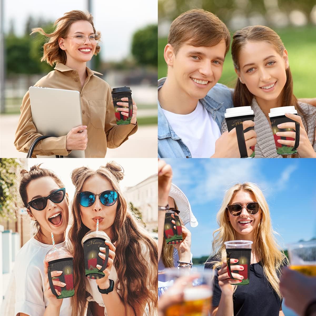 Merry Christmas Reusable Iced Coffee Cup Sleeve With Handle