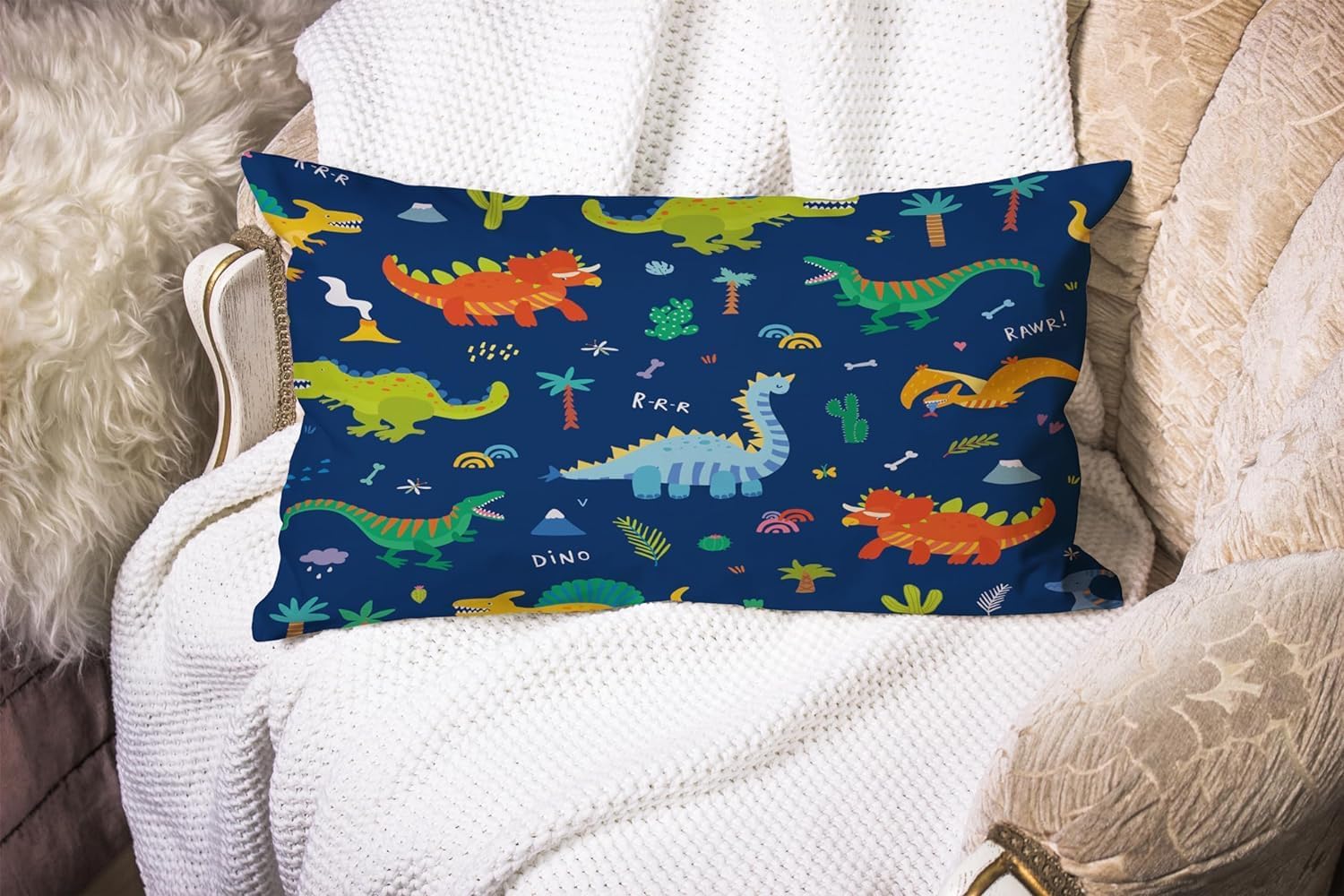 Dinosaur Linen Lumbar Pillow Covers 12x20 Inches