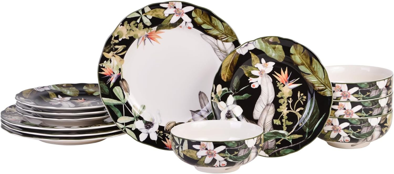 222 Fifth Borneo Black 12-Piece Dinnerware Set