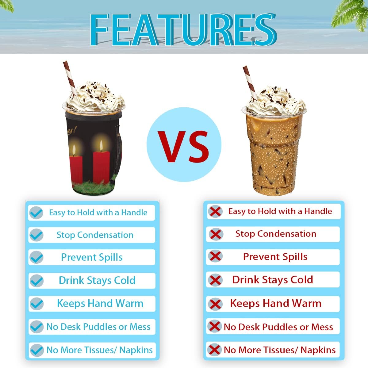 Merry Christmas Reusable Iced Coffee Cup Sleeve With Handle
