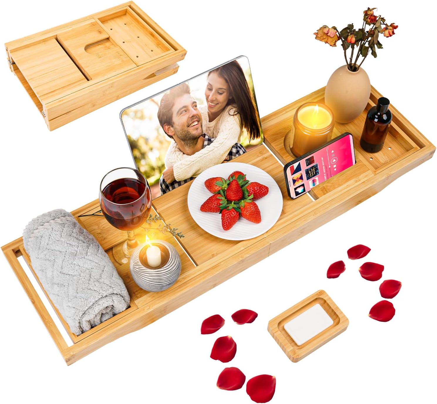 Beshof Foldable Bamboo Bathtub Tray with Holder