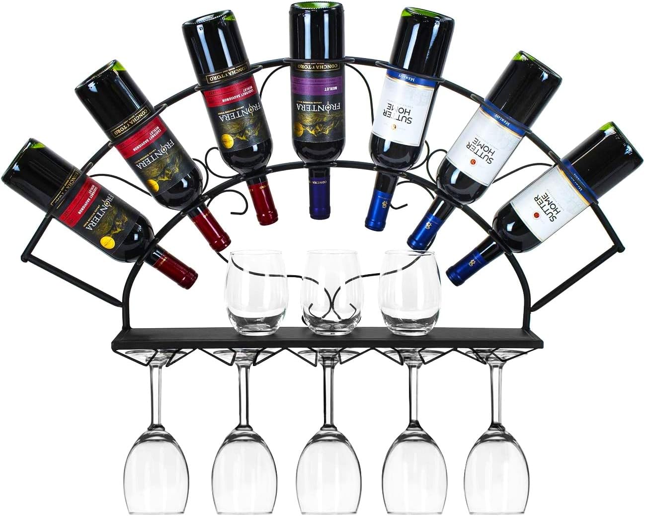 Sorbus Wall Mounted Wine Rack - Holds 7 Bottles and 5 Glasses - Black