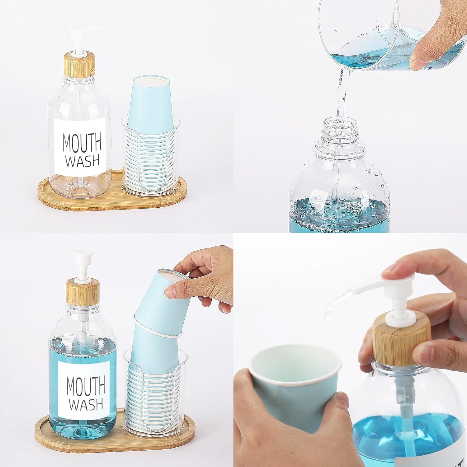 Bamboo Mouthwash Dispenser with Cup Holder and Tray