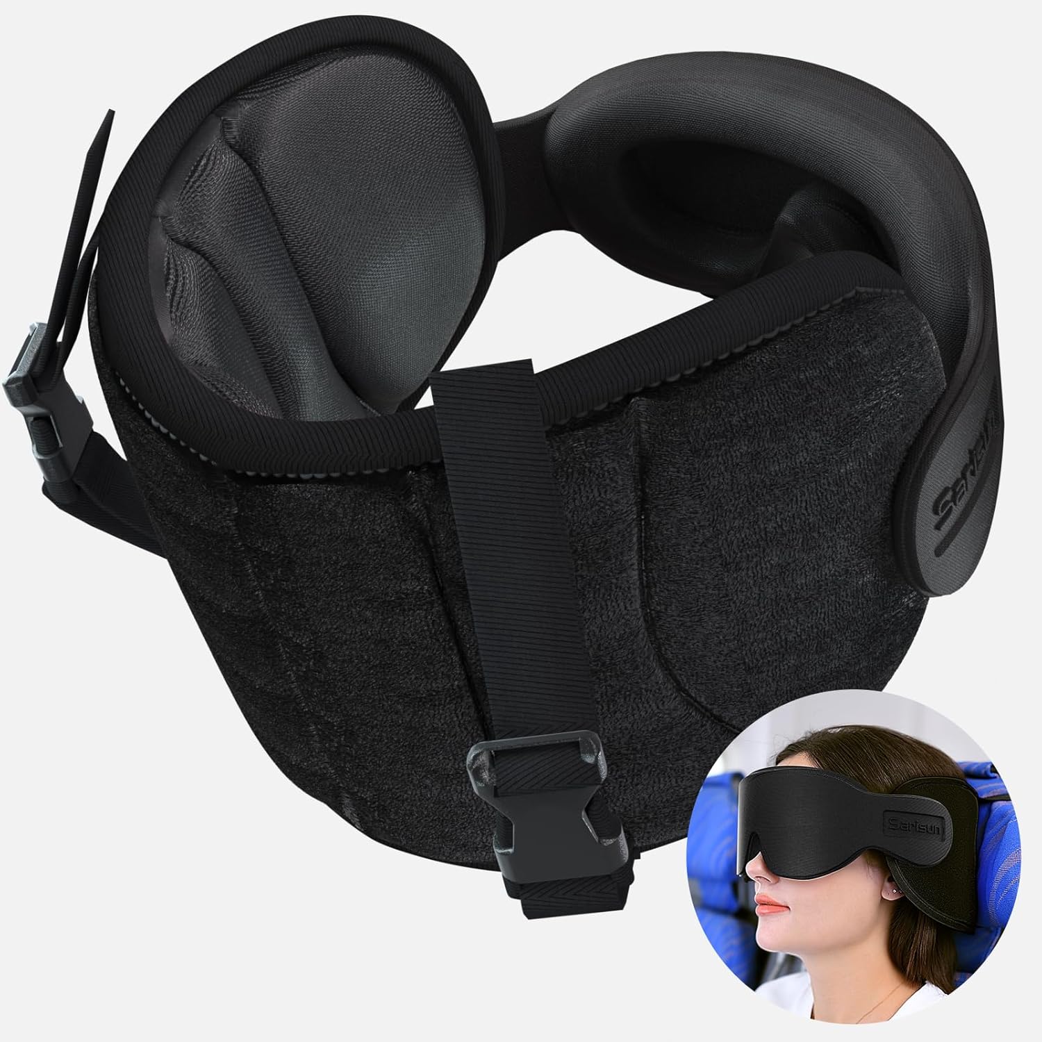 Sarisun Travel Pillow with Eye Mask and Head Strap - Black