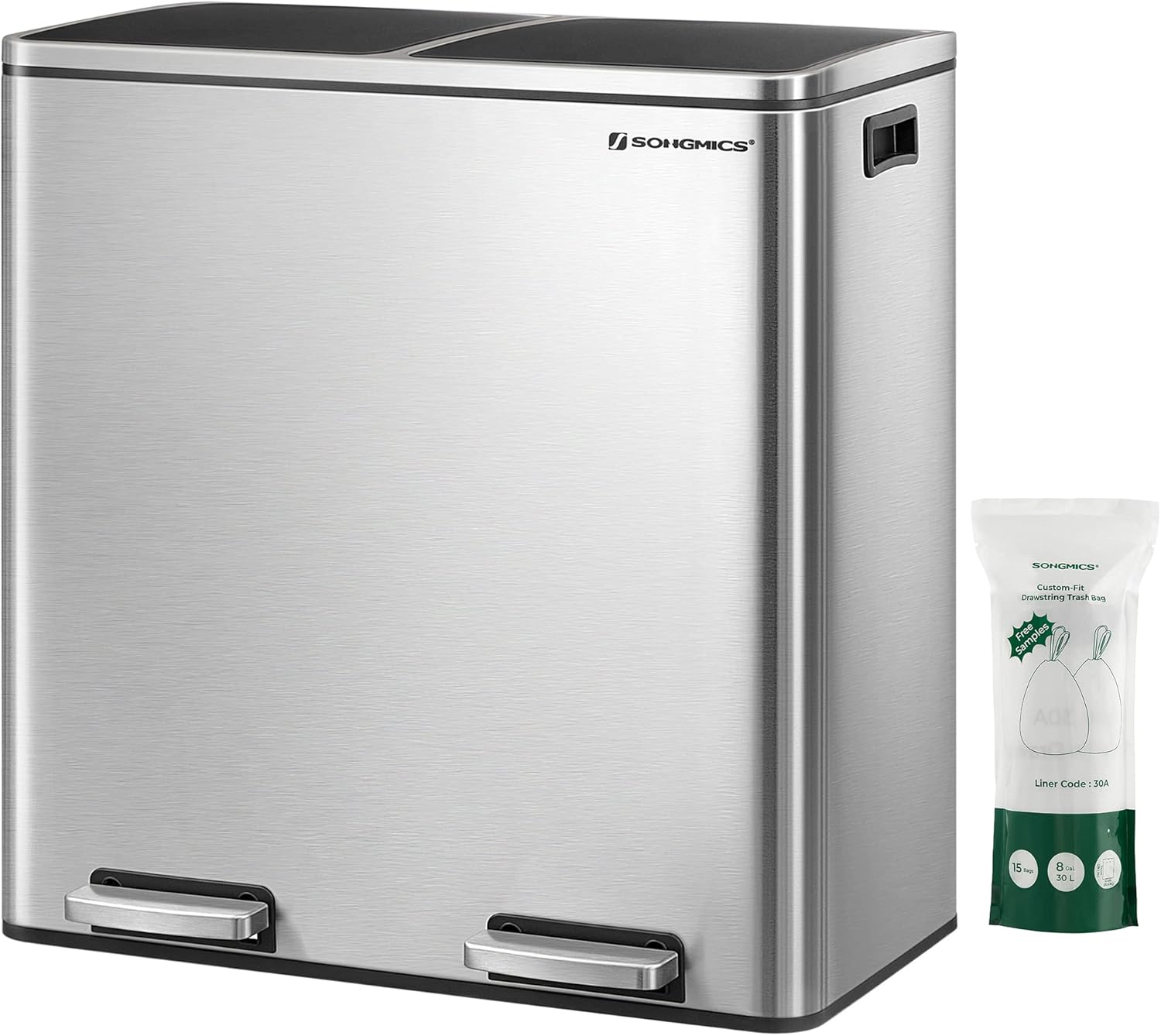 SONGMICS Trash Can with 2 Compartments and Hinged Lids